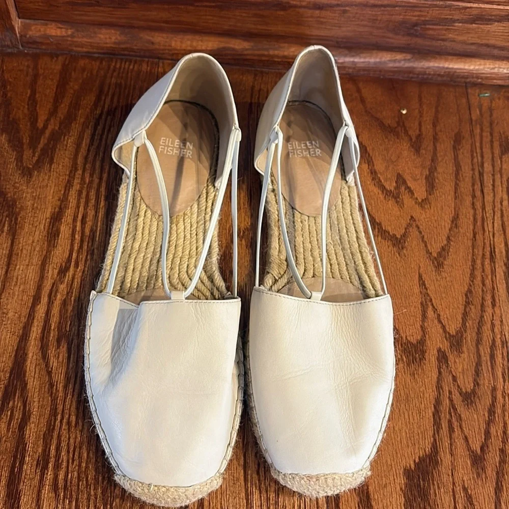 Eileen Fisher LEE whitewash leather espadrille flats elasticized straps size 11